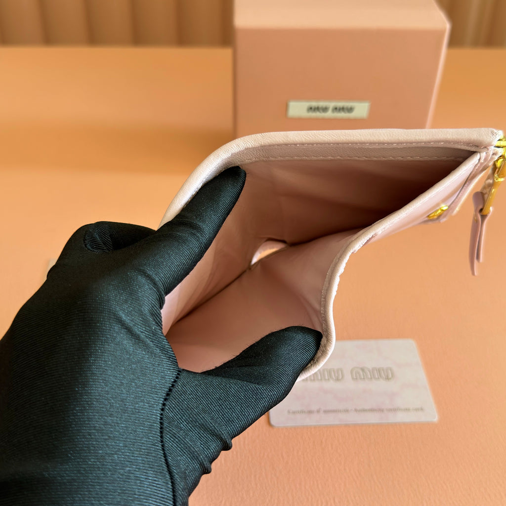 Miu Miu 26S Small Matelasse Card Holder 11 in Light Pink Calfskin Gold Hardware