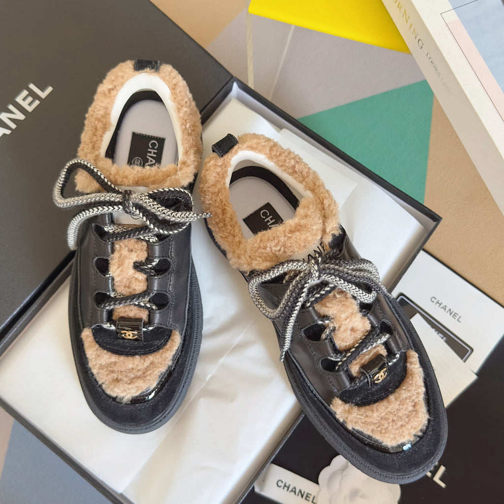 Chanel 25S Sneakers with Fur Aents 40mm in Black and Brown Calfskin