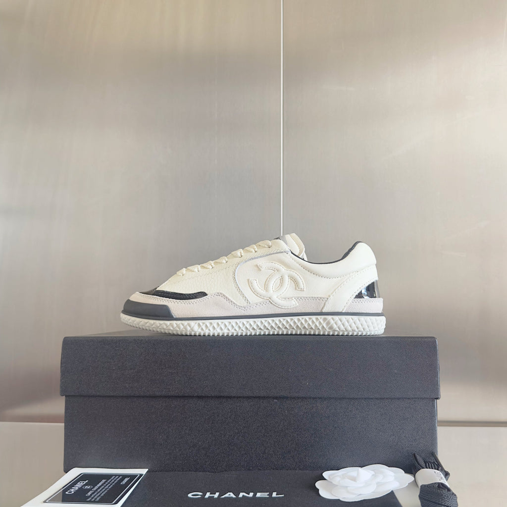Chanel 25S Sneakers with Patent Toe 20mm in White Calfskin