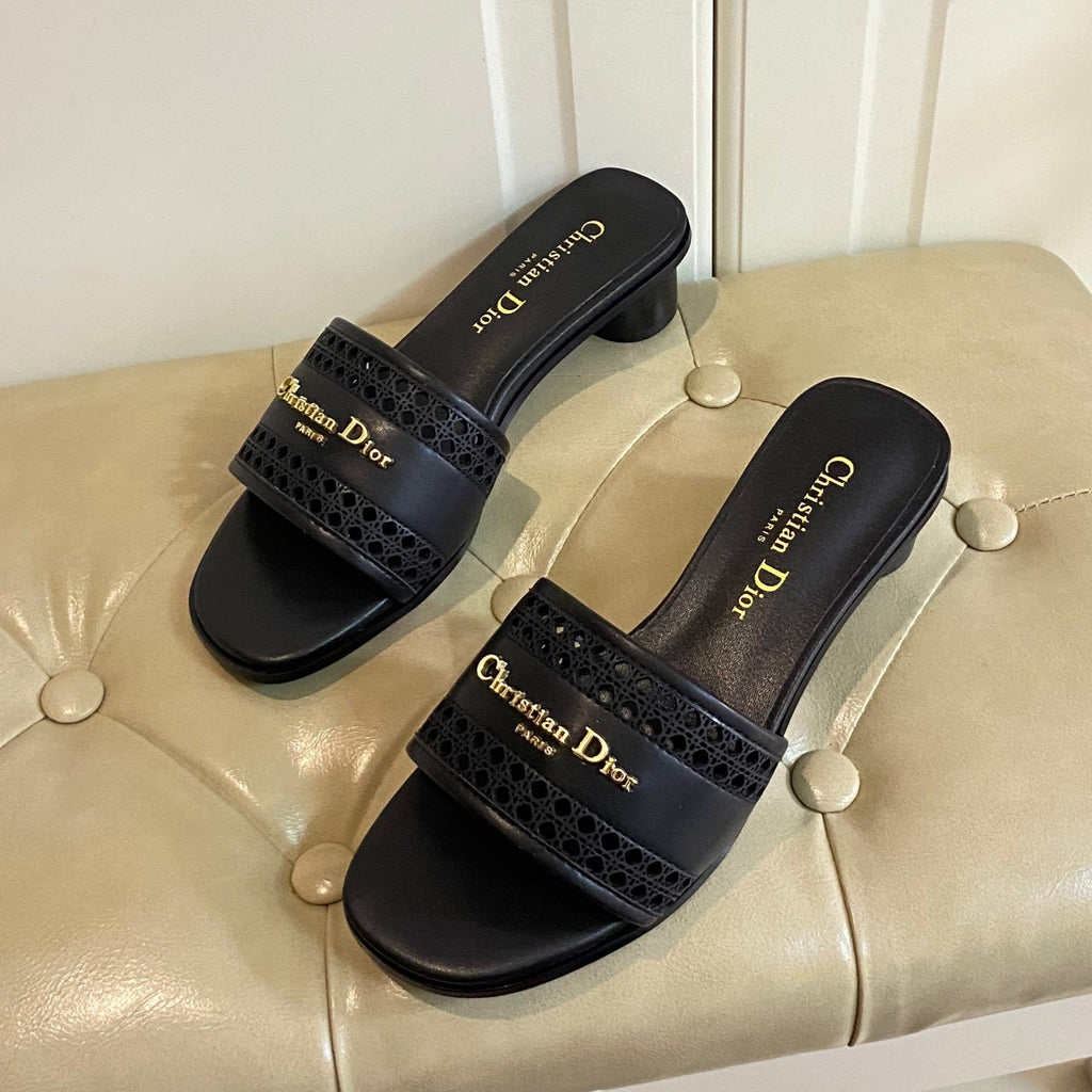 Dior Dway Heeled Slide in Black Calfskin with Gold Logo