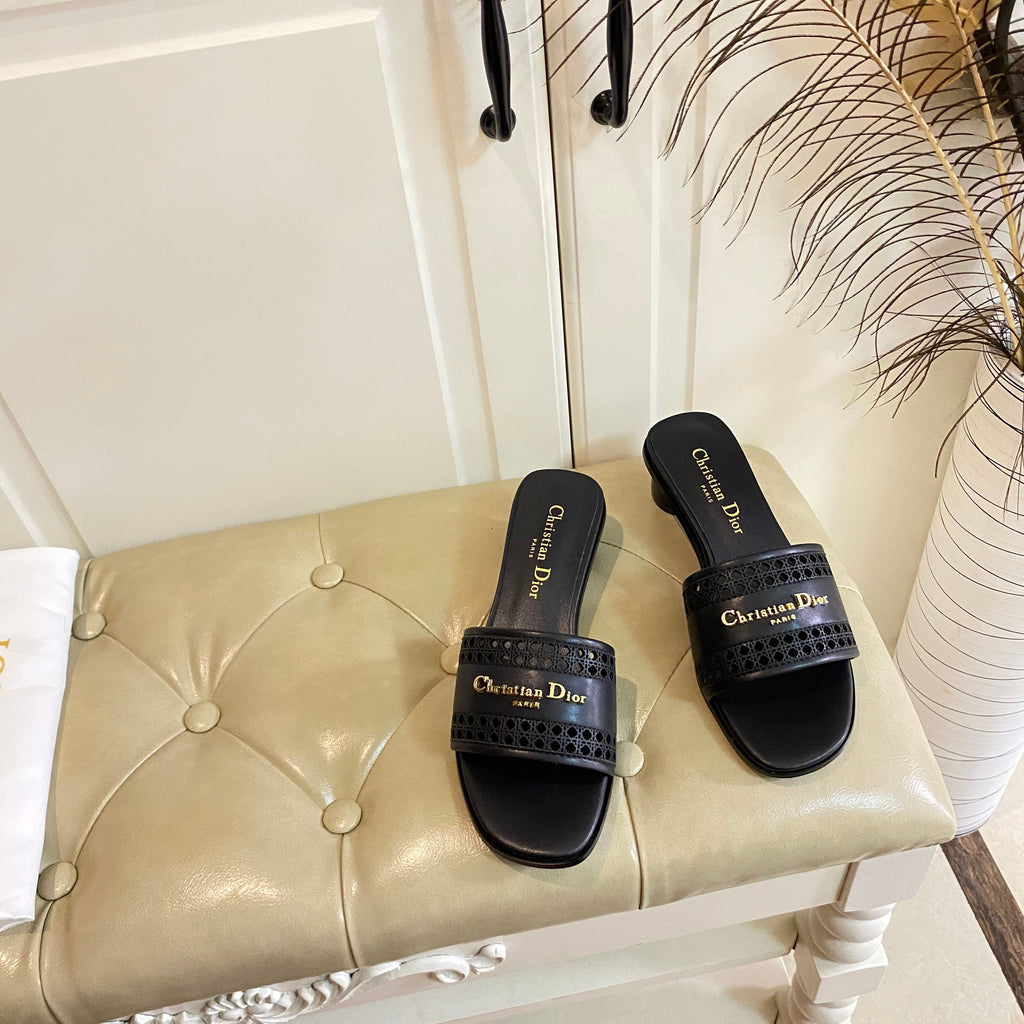 Dior Dway Heeled Slide in Black Calfskin with Gold Logo
