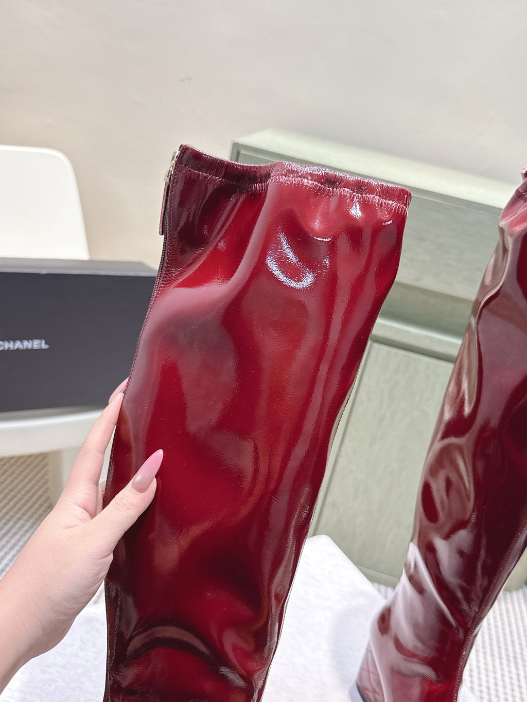 Chanel 25S Knee-High Boots 60mm in Burgundy Patent Calfskin Wedge Heels