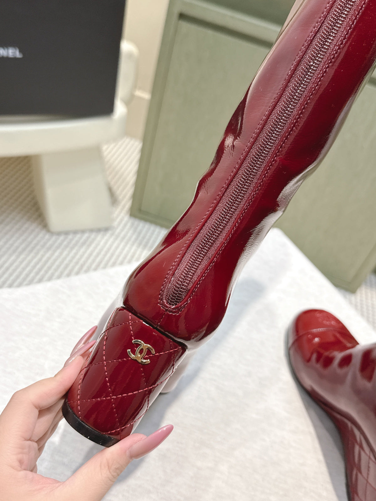 Chanel 25S Knee-High Boots 60mm in Burgundy Patent Calfskin Wedge Heels