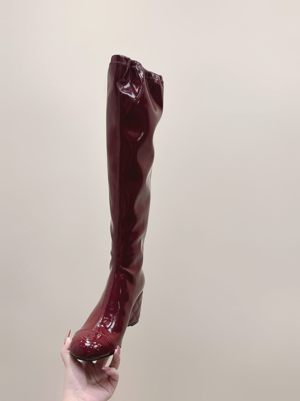 Chanel 25S Knee-High Boots 60mm in Burgundy Patent Calfskin Wedge Heels