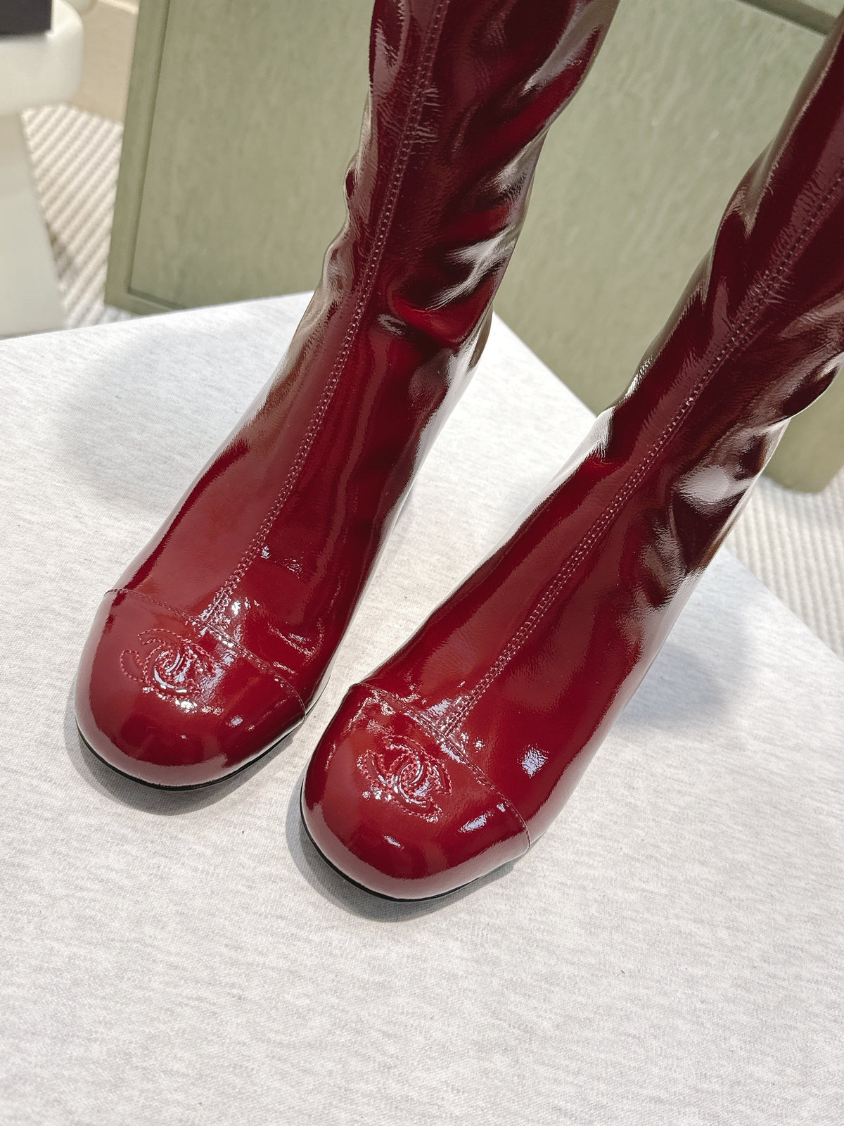 Chanel 25S Knee-High Boots 60mm in Burgundy Patent Calfskin Wedge Heels