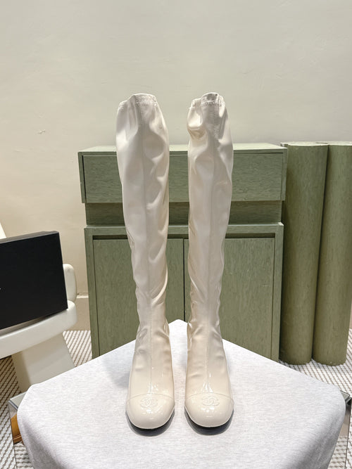 Chanel 25S Knee-High Boots 60mm in White Patent Calfskin Wedge Heels