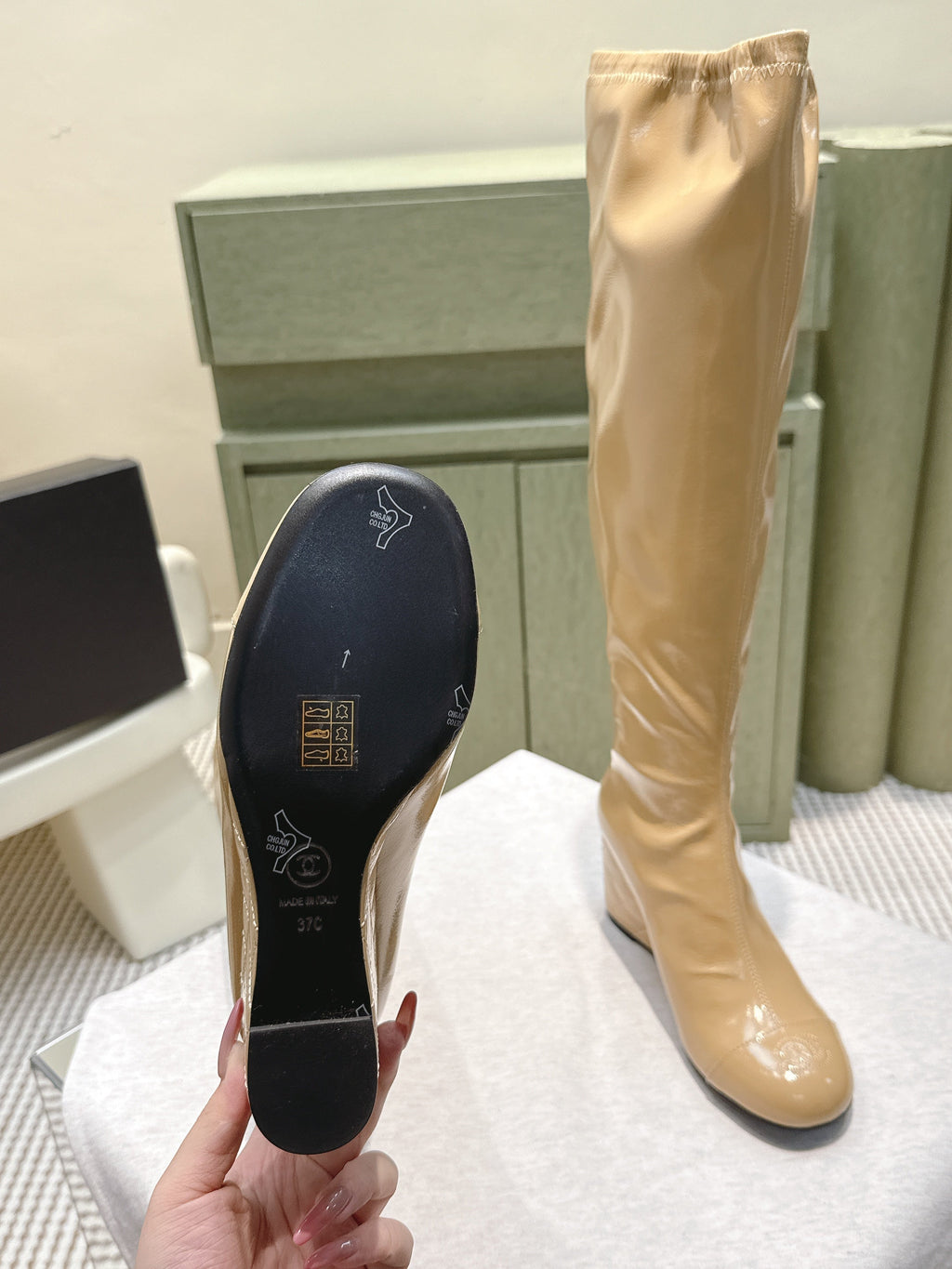 Chanel 25S Knee-High Boots 60mm in Beige Patent Calfskin Wedge Heels