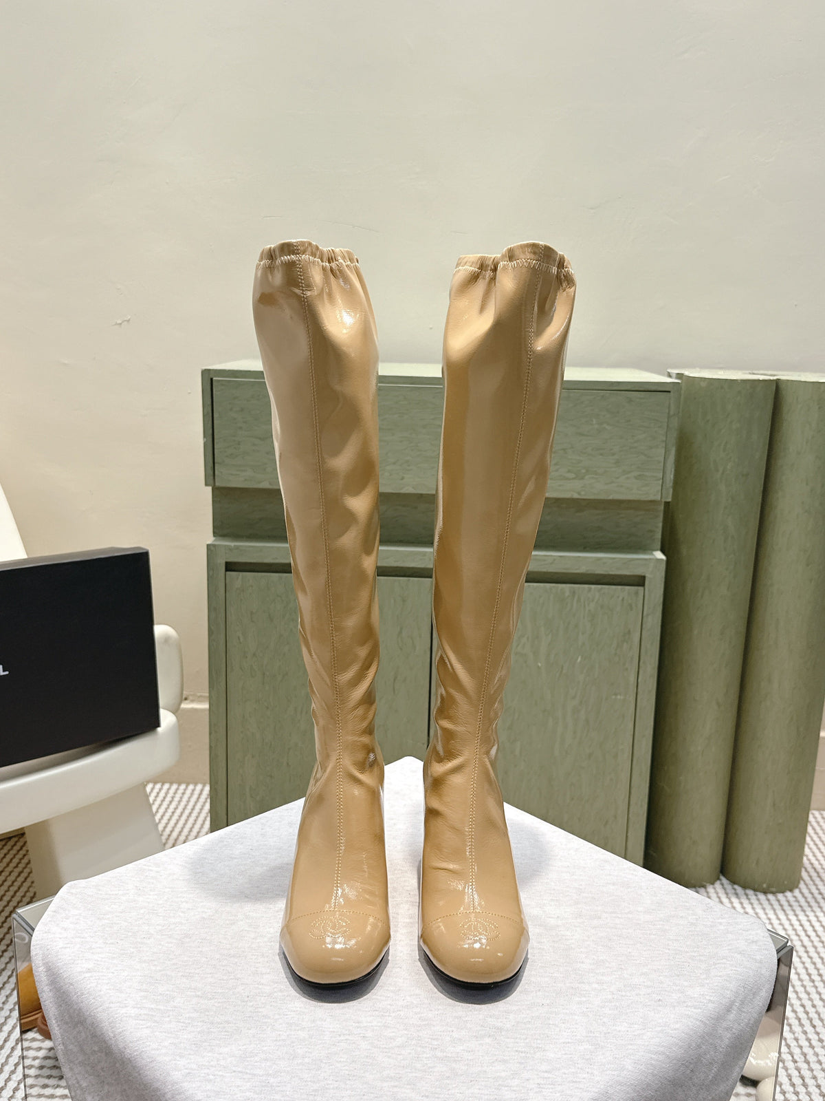 Chanel 25S Knee-High Boots 60mm in Beige Patent Calfskin Wedge Heels