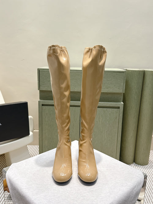 Chanel 25S Knee-High Boots 60mm in Beige Patent Calfskin Wedge Heels