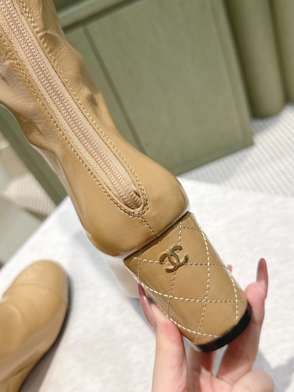 Chanel 25S Knee-High Boots 60mm in Beige Patent Calfskin Wedge Heels