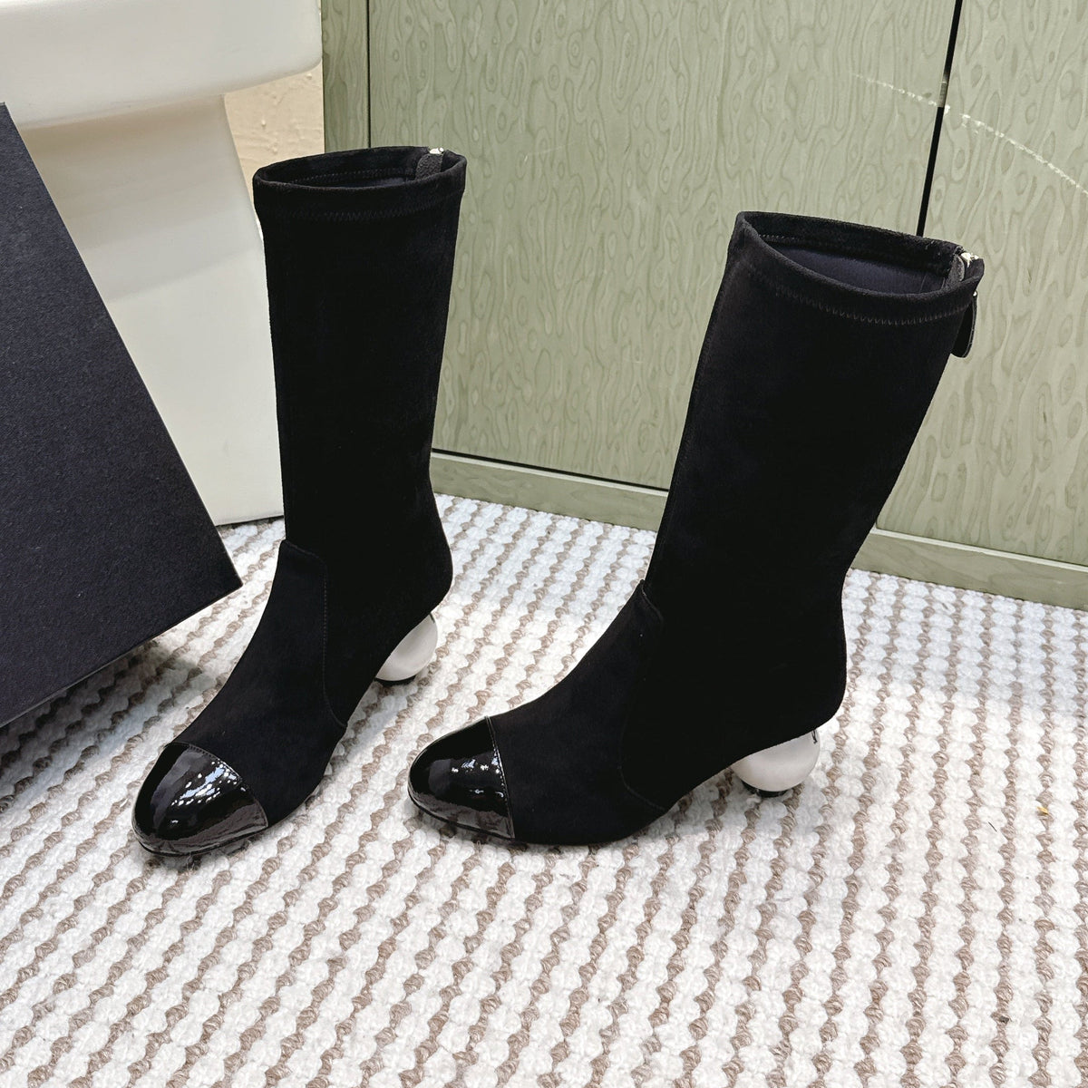 Chanel 25S Pearl Boots in Black Suede and Patent Calfskin
