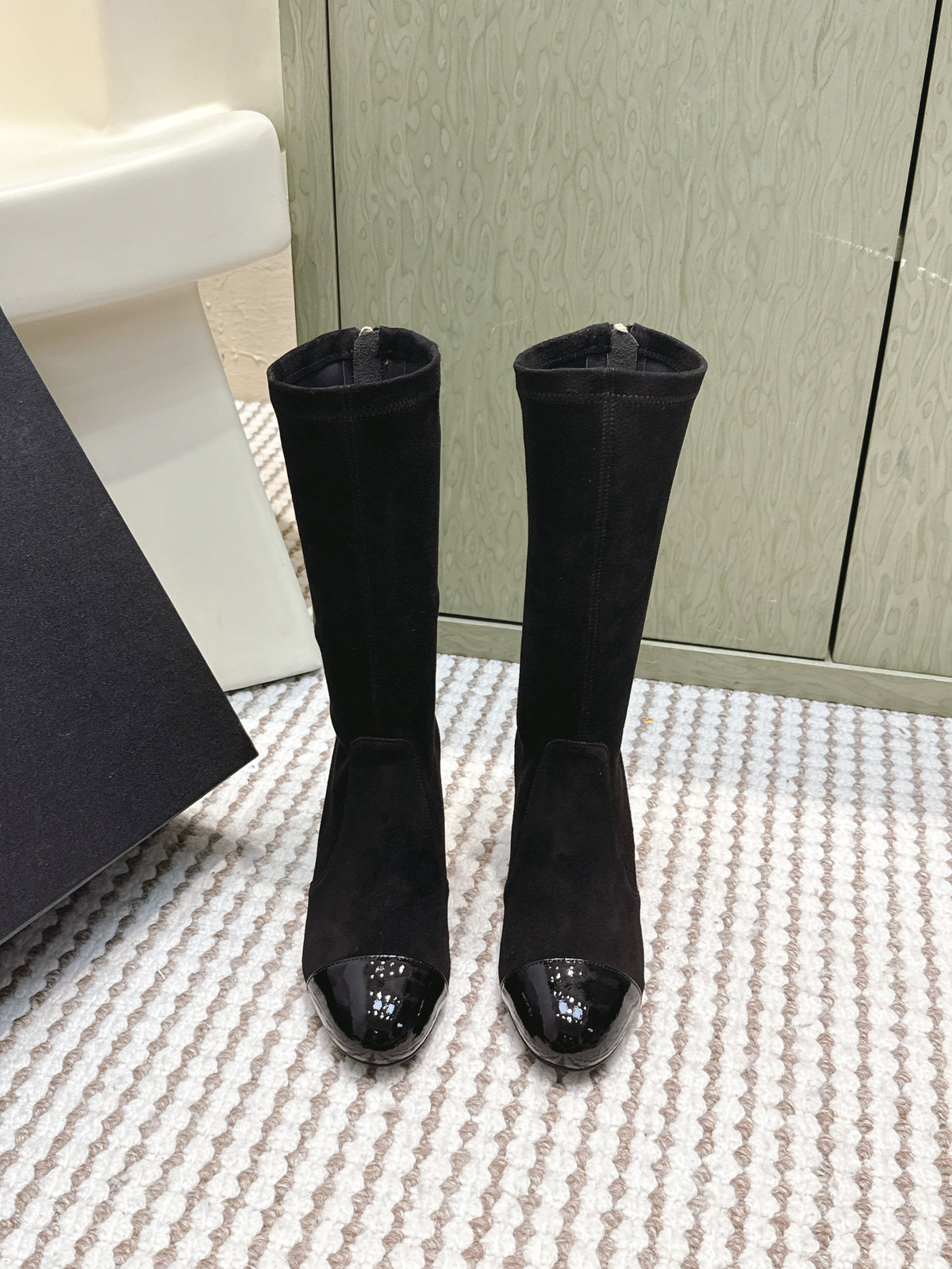 Chanel 25S Pearl Boots in Black Suede and Patent Calfskin