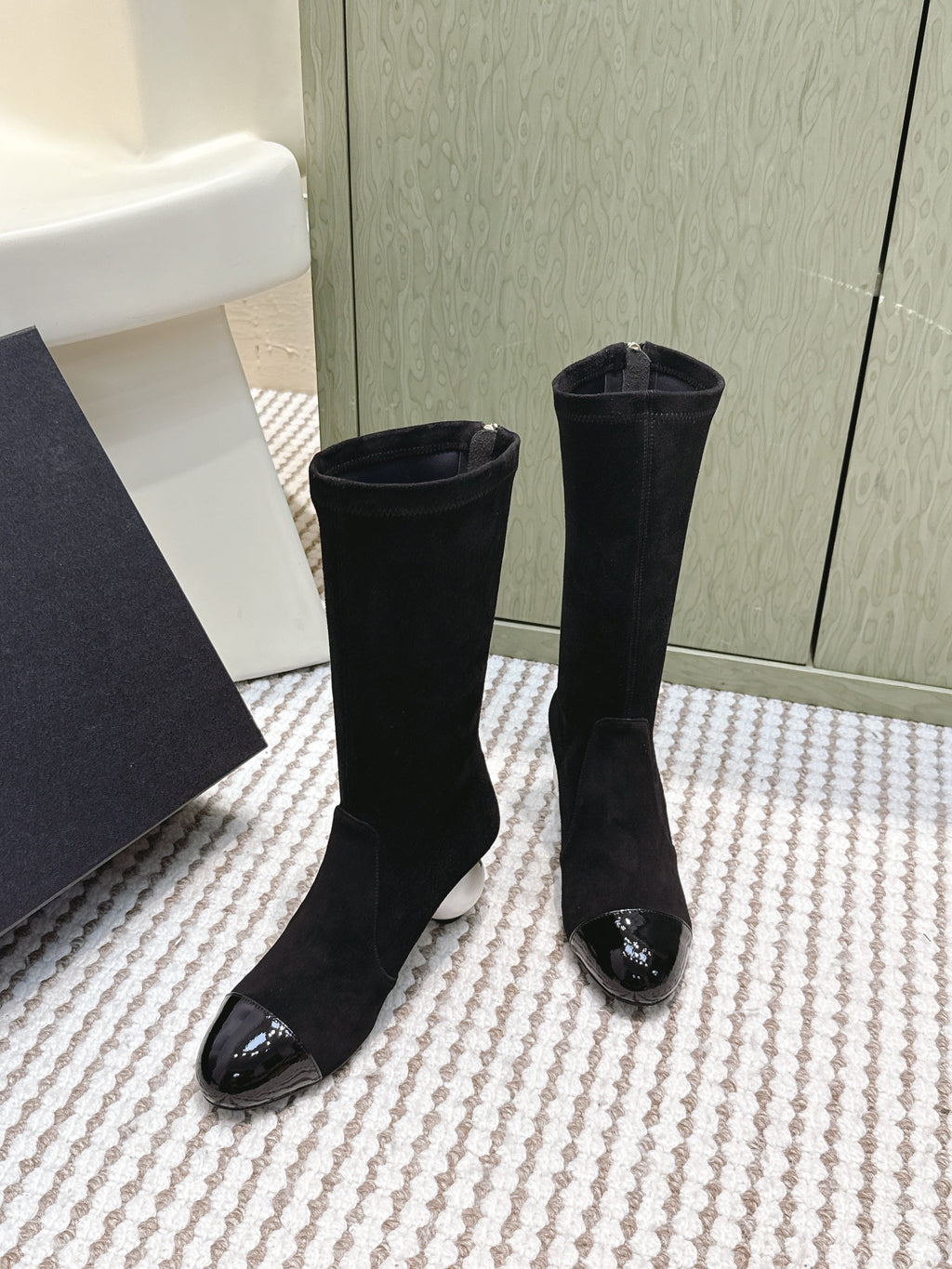 Chanel 25S Pearl Boots in Black Suede and Patent Calfskin