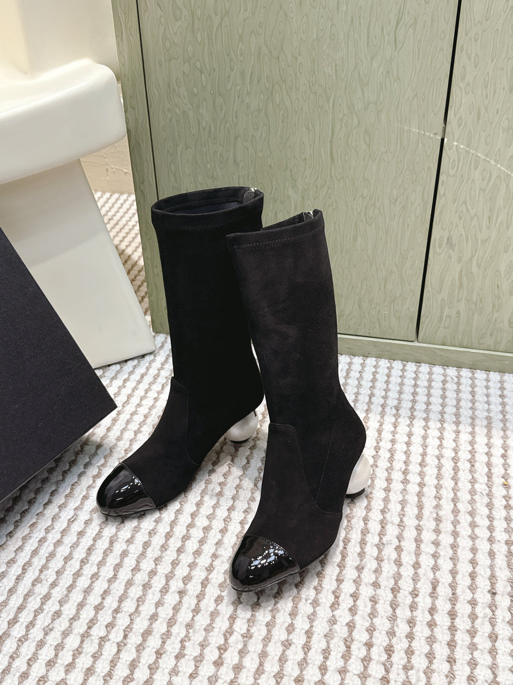 Chanel 25S Pearl Boots in Black Suede and Patent Calfskin