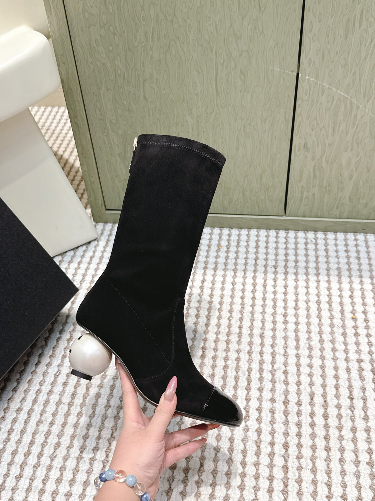 Chanel 25S Pearl Boots in Black Suede and Patent Calfskin