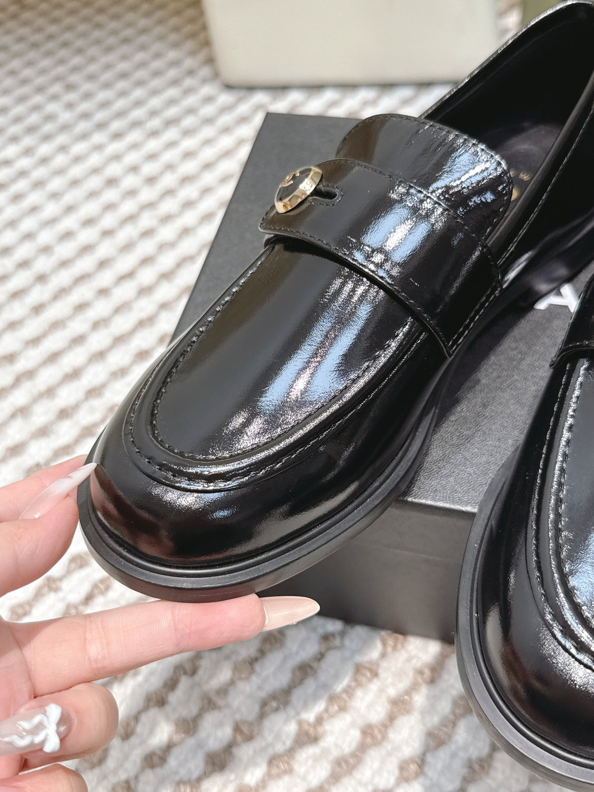 Chanel 25S Goddess Flat Loafers in Black Patent Calfskin Gold Hardware