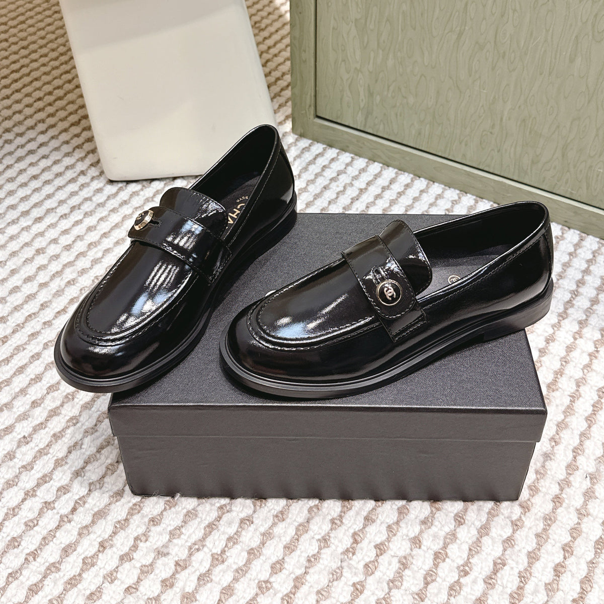 Chanel 25S Goddess Flat Loafers in Black Patent Calfskin Gold Hardware