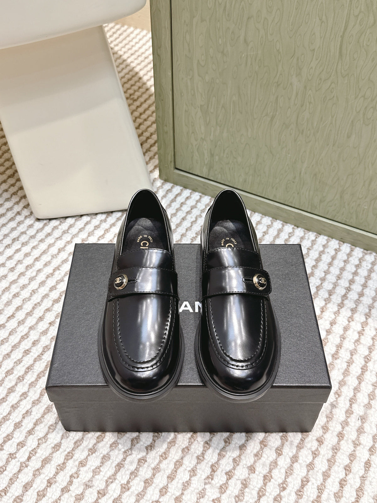 Chanel 25S Goddess Flat Loafers in Black Glossy Calfskin Gold Hardware