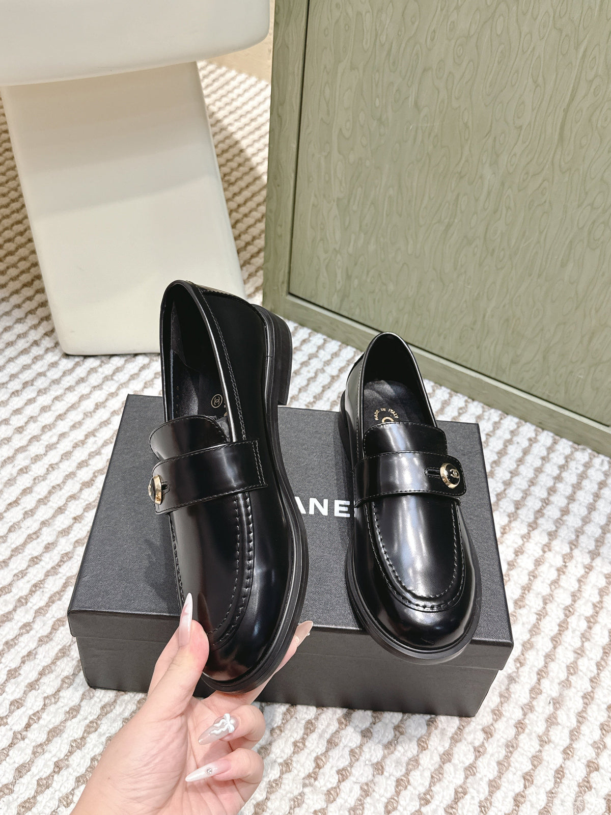 Chanel 25S Goddess Flat Loafers in Black Glossy Calfskin Gold Hardware
