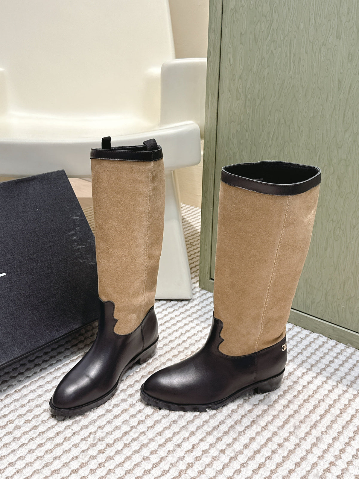 Chanel 25S Knee-High Boots in Tan Brown Suede Mix Black Calfskin