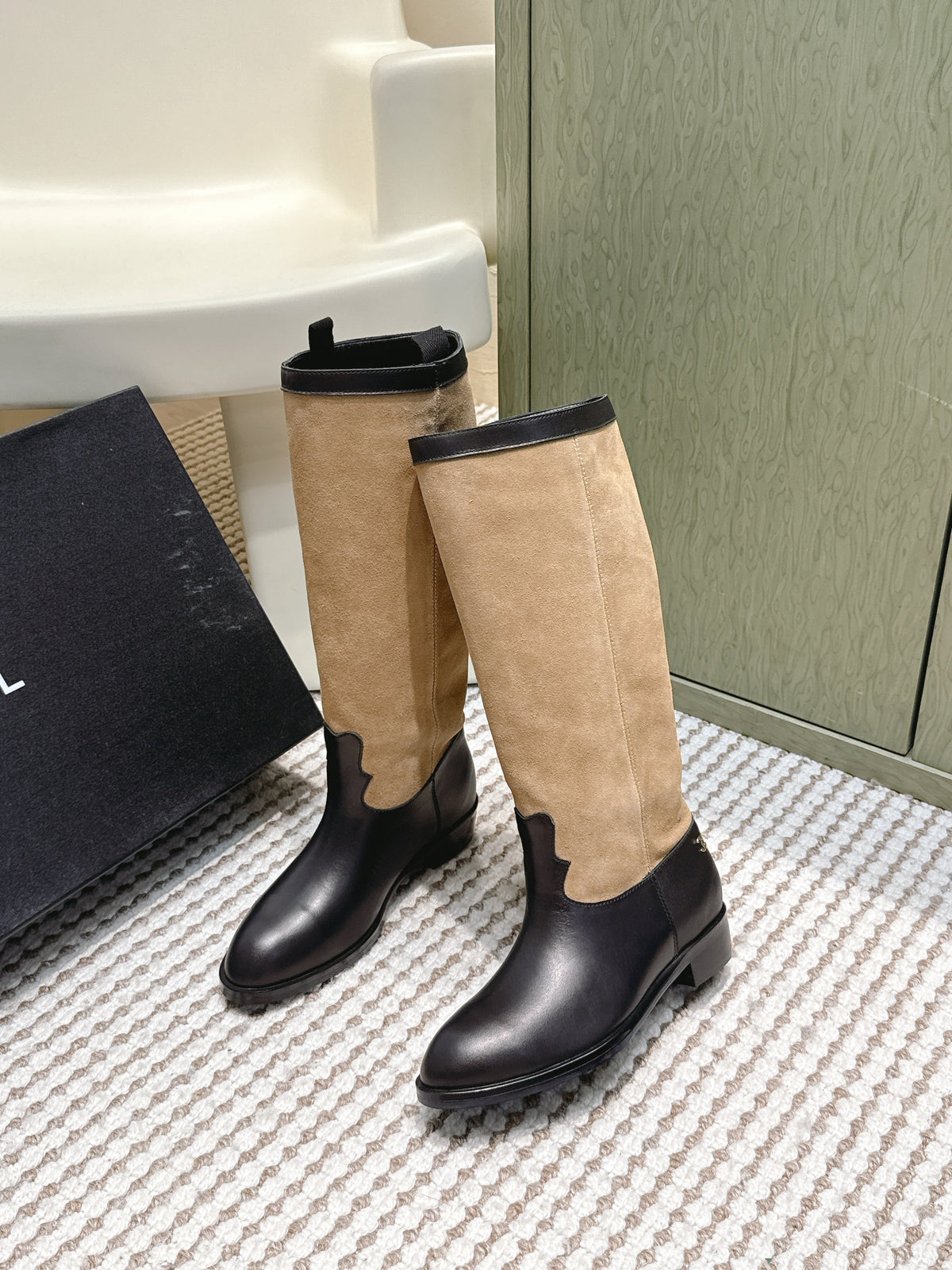 Chanel 25S Knee-High Boots in Tan Brown Suede Mix Black Calfskin
