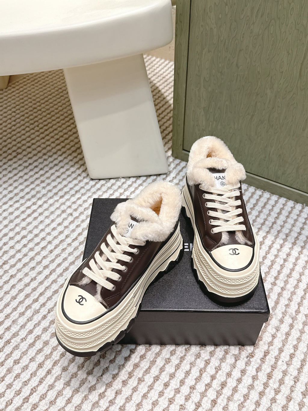 Chanel 25S Thick-Sole Sneakers 60mm in Dark Brown and Beige Calfskin with Fur Lining