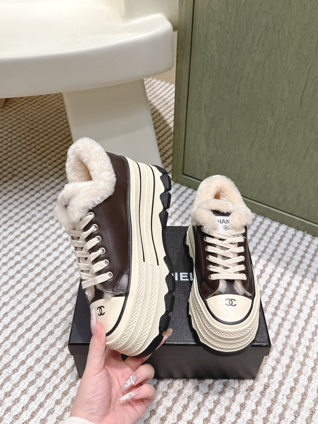 Chanel 25S Thick-Sole Sneakers 60mm in Dark Brown and Beige Calfskin with Fur Lining