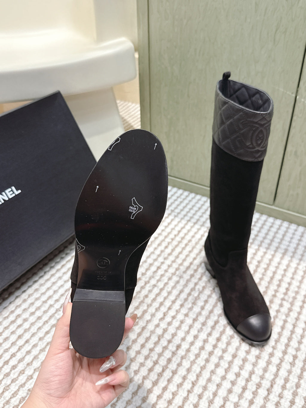 Chanel 25S High-Calf Cowboy Boots in Black Suede and Calfskin Diamond-Quilted