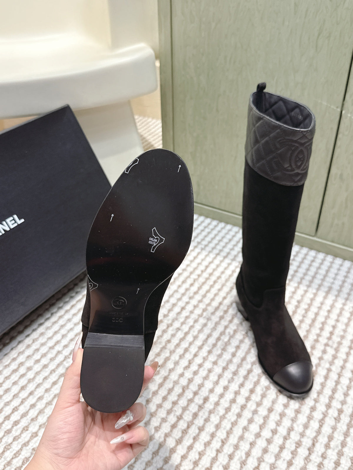 Chanel 25S High-Calf Cowboy Boots in Black Suede and Calfskin Diamond-Quilted