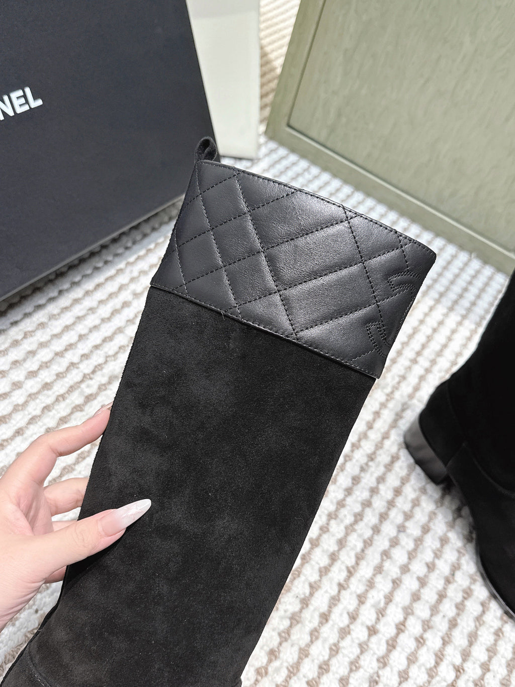 Chanel 25S High-Calf Cowboy Boots in Black Suede and Calfskin Diamond-Quilted