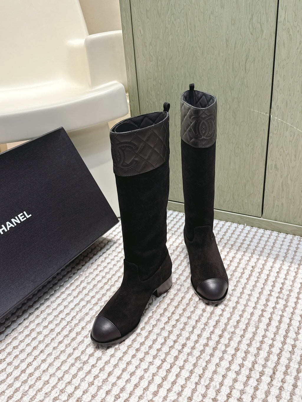 Chanel 25S High-Calf Cowboy Boots in Black Suede and Calfskin Diamond-Quilted