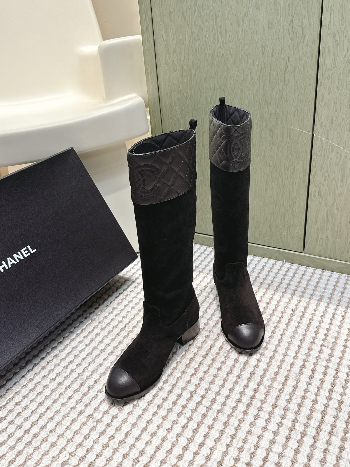 Chanel 25S High-Calf Cowboy Boots in Black Suede and Calfskin Diamond-Quilted