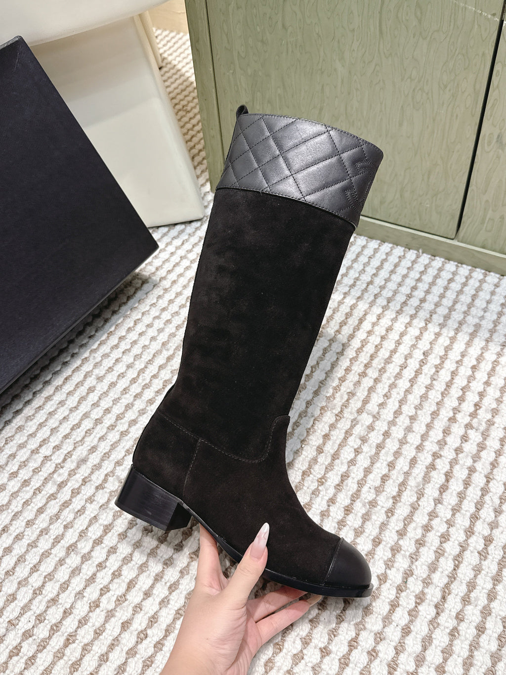 Chanel 25S High-Calf Cowboy Boots in Black Suede and Calfskin Diamond-Quilted