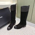 Chanel 25S High-Calf Cowboy Boots in Black Suede and Calfskin Diamond-Quilted