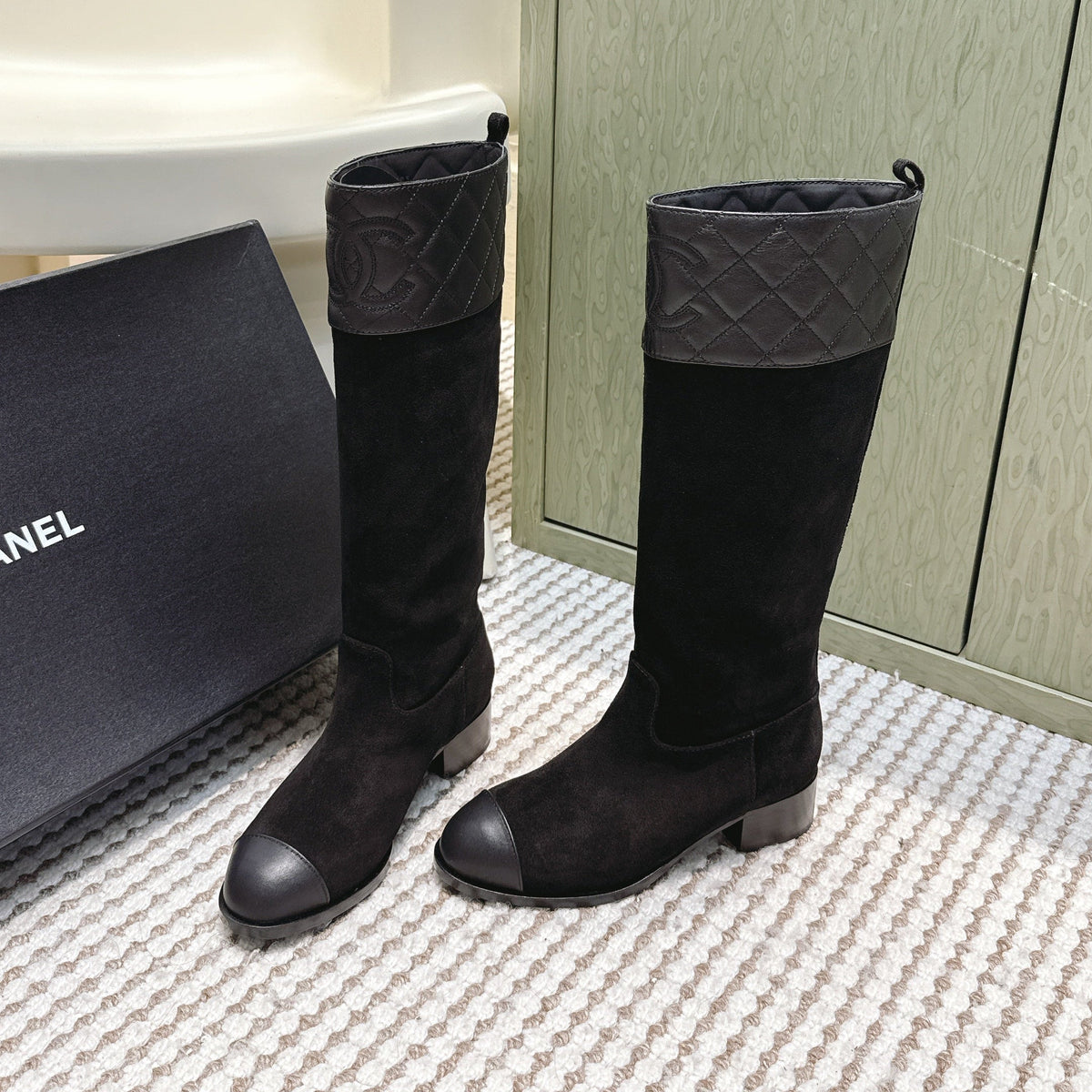 Chanel 25S High-Calf Cowboy Boots in Black Suede and Calfskin Diamond-Quilted