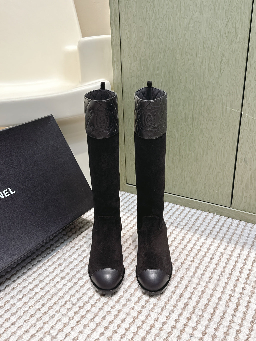 Chanel 25S High-Calf Cowboy Boots in Black Suede and Calfskin Diamond-Quilted