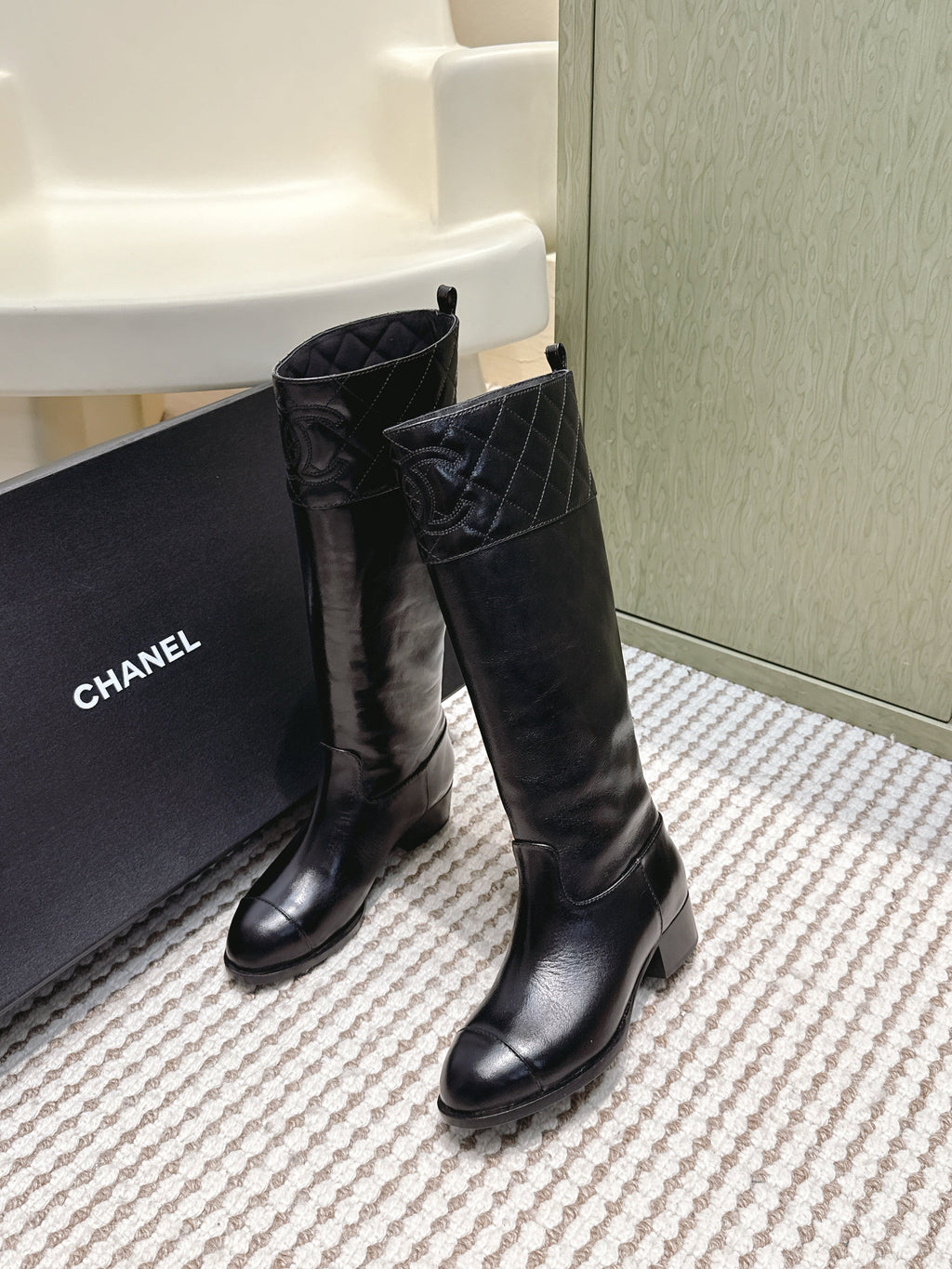 Chanel 25S High-Calf Cowboy Boots in Black Calfskin Diamond-Quilted