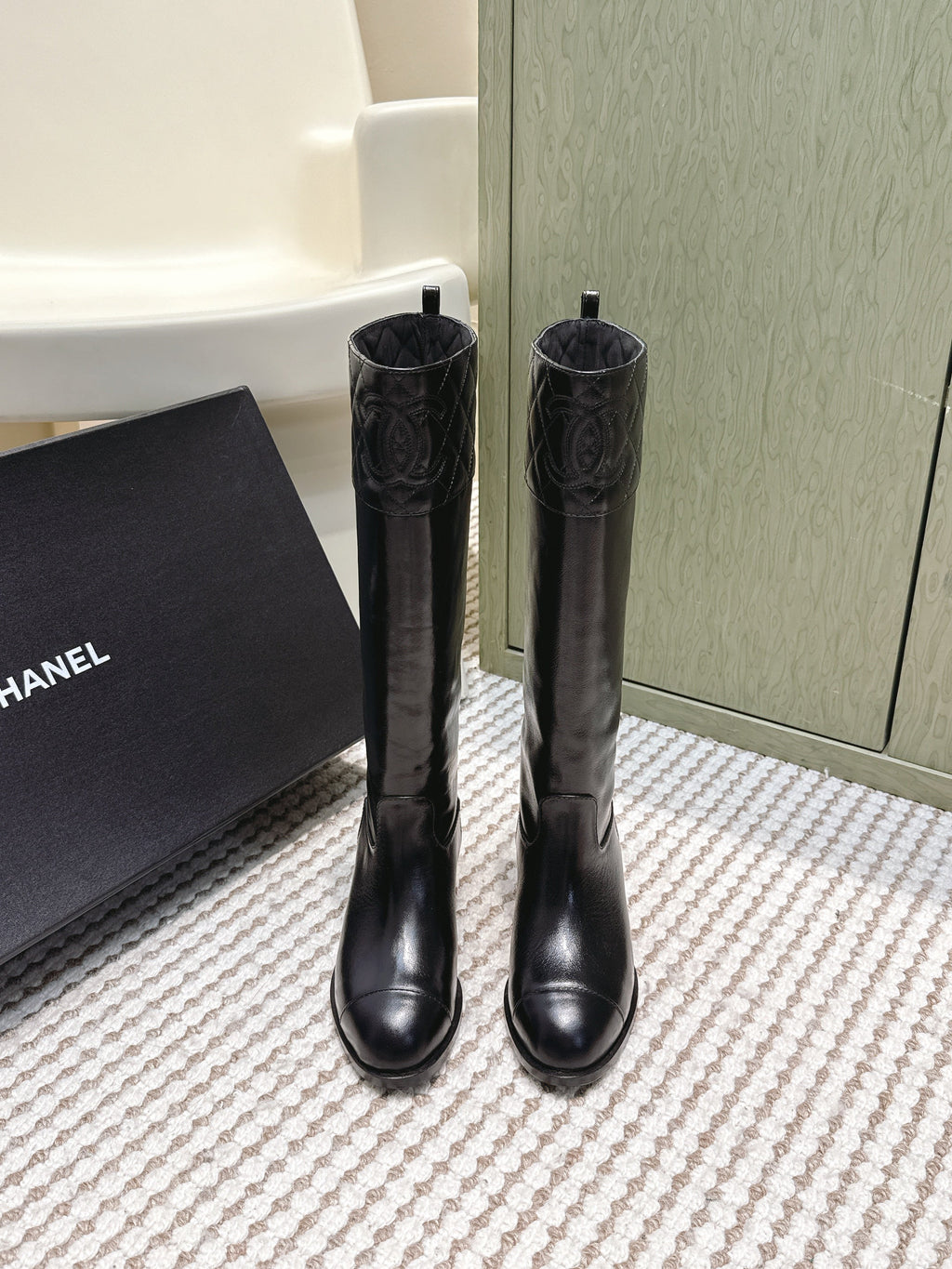 Chanel 25S High-Calf Cowboy Boots in Black Calfskin Diamond-Quilted