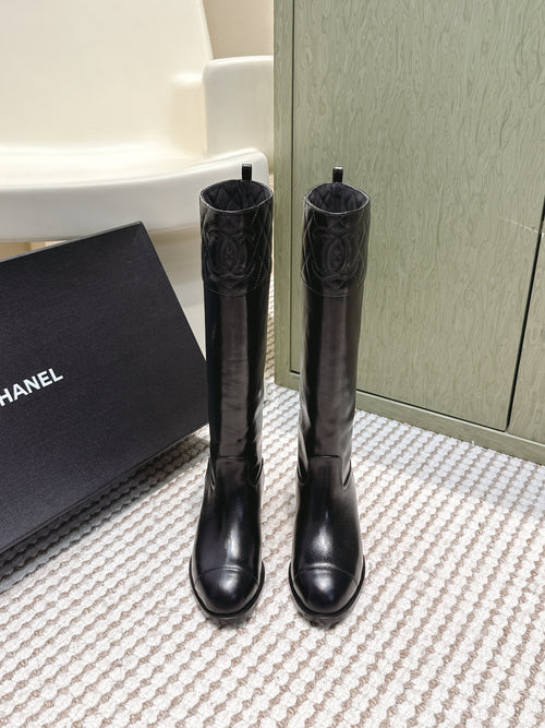 Chanel 25S High-Calf Cowboy Boots in Black Calfskin Diamond-Quilted