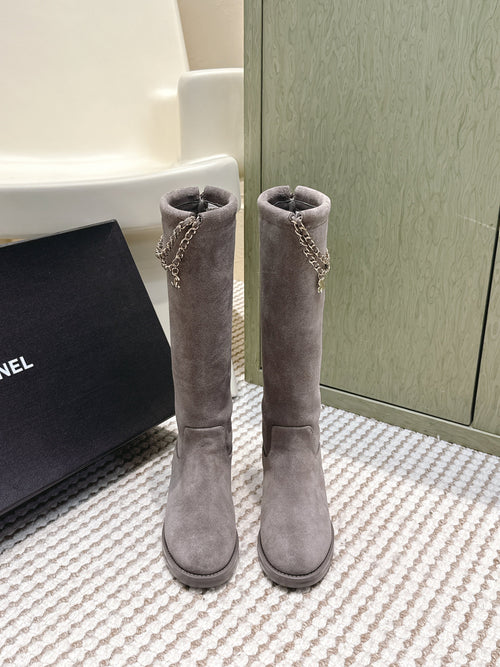 Chanel 25S Knee-High Boots in Grey Suede Gold Hardware