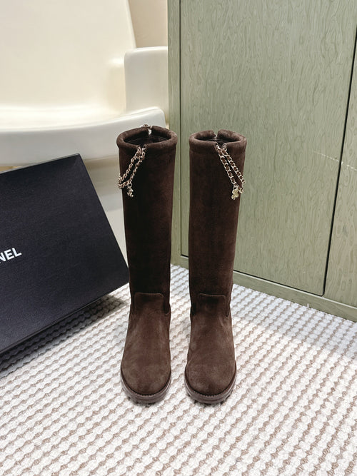 Chanel 25S Knee-High Boots in Dark Brown Suede Gold Hardware