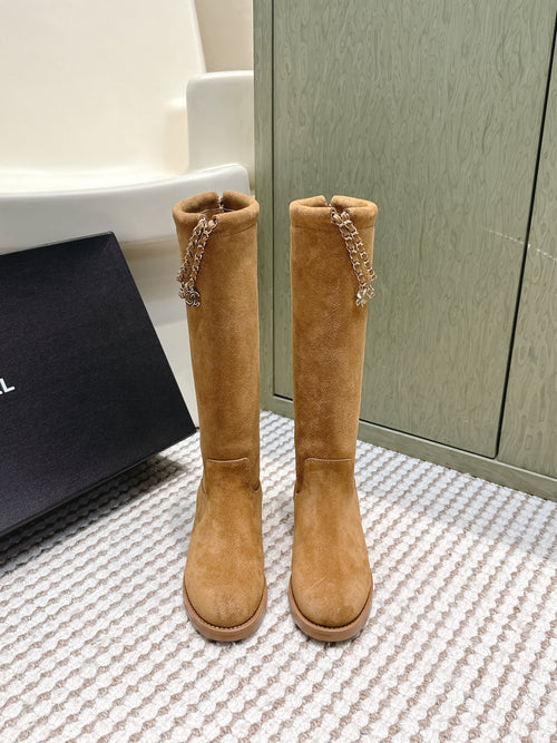 Chanel 25S Knee-High Boots in Caramel Suede Gold Hardware