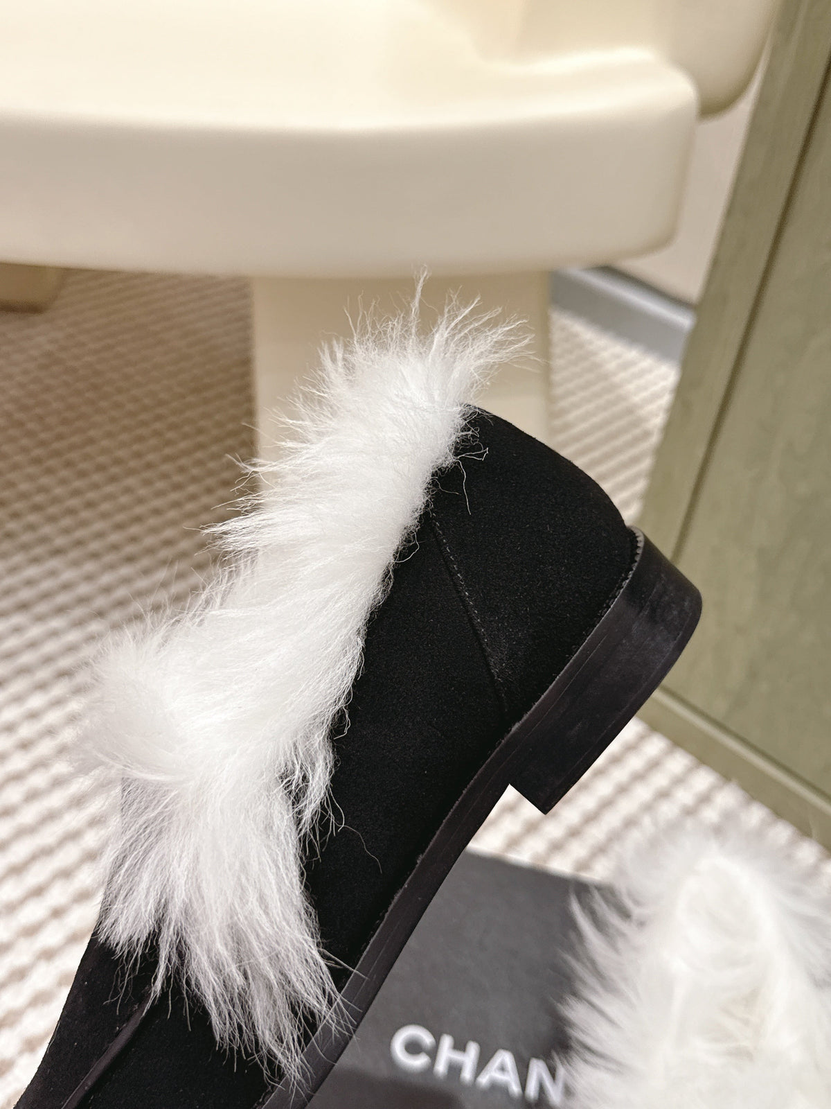 Chanel 25S Loafers Moccasin in Black Suede with White Mink Fur Lining