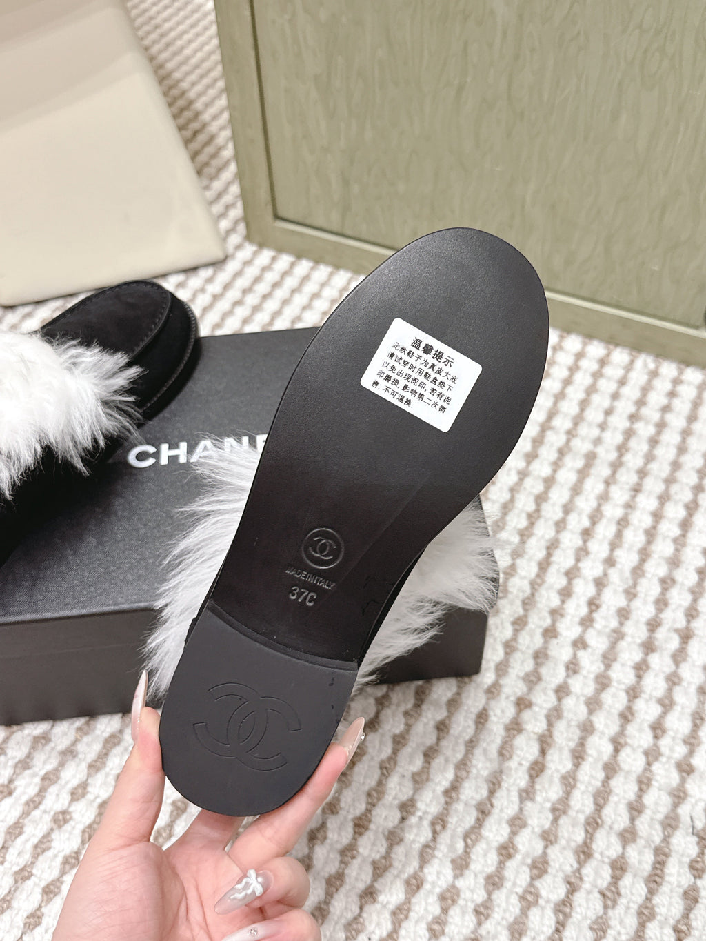 Chanel 25S Loafers Moccasin in Black Suede with White Mink Fur Lining