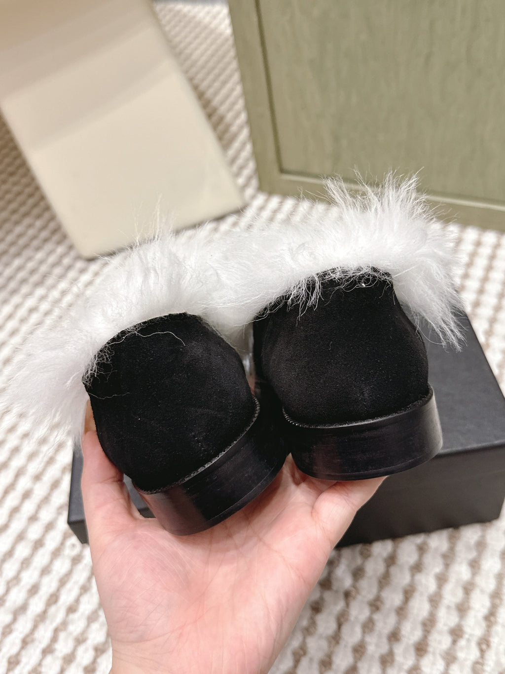 Chanel 25S Loafers Moccasin in Black Suede with White Mink Fur Lining