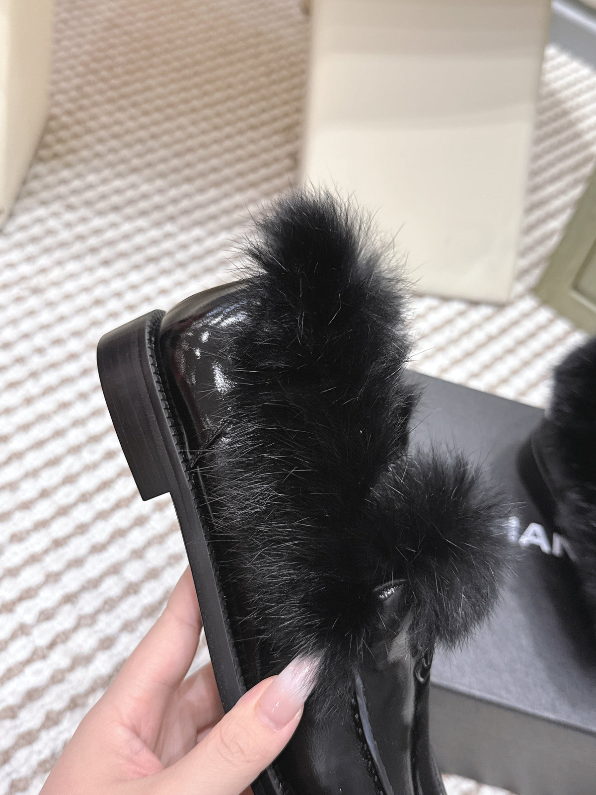 Chanel 25S Loafers Moccasin in Black Glossy Calfskin with Mink Fur Lining