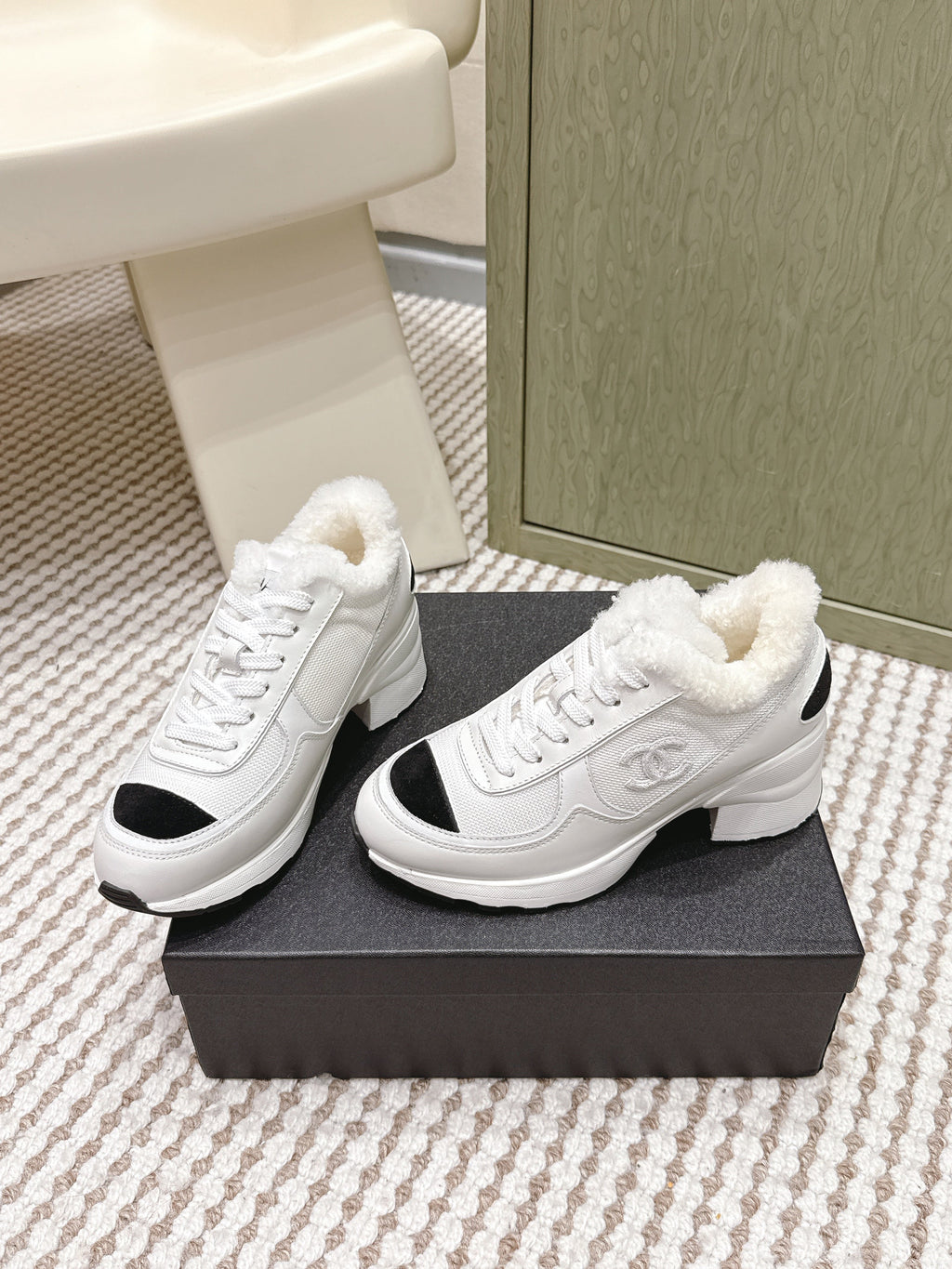 Chanel 25S Sneakers in White Synthetic Fabric and Calfskin Black Suede