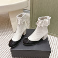 Chanel 25S Ankle Boots in White Calfskin and Black Glossy Toe Ruched