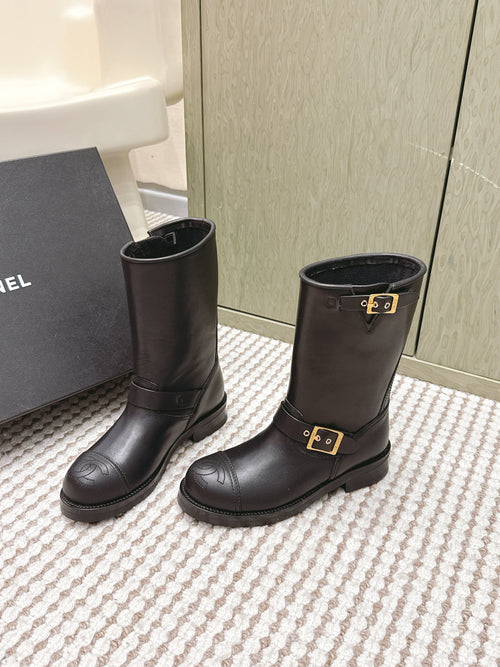 Chanel 25S Calf-High Chelsea Boots in Black Calfskin Gold Hardware