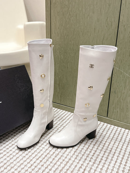 Chanel 25S Knee-High Boots in White Calfskin with Rhinestones
